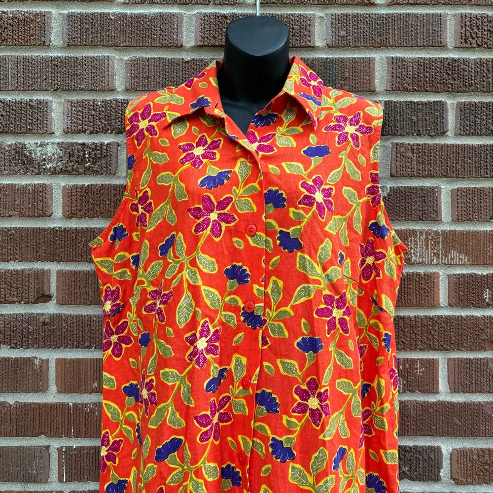 Studio C Plus sleeveless Linen Blend Maxi Button Up Orange Floral Dress Sz 16W - Picture 5 of 9